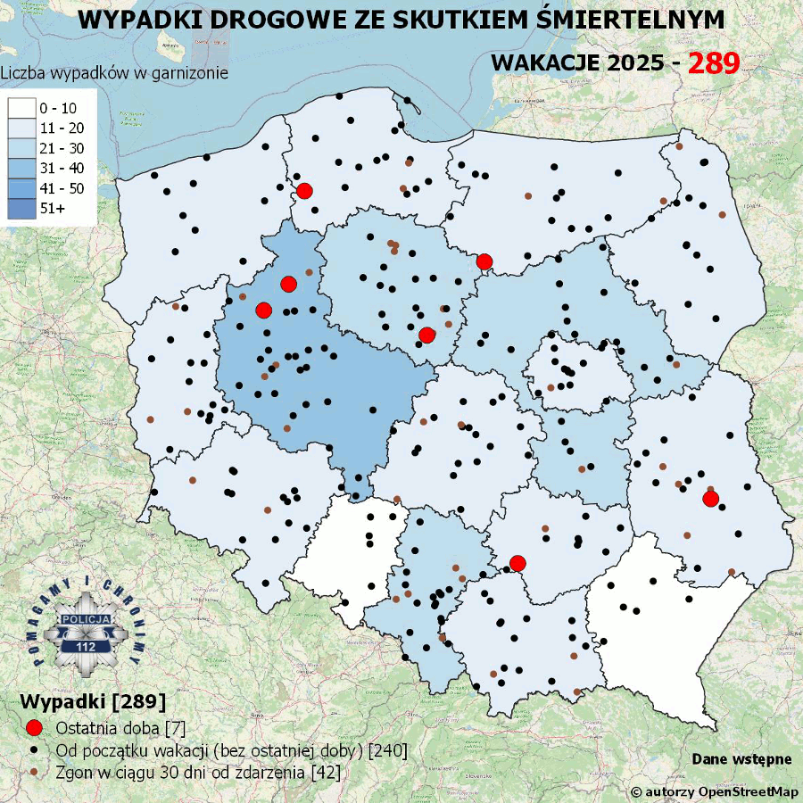 Mapa prezentująca liczbę wypadków poprzedniej doby w Polsce. Prezentowane dane są dostępne w tekście poniżej.