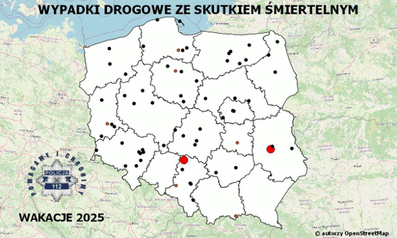 Policyjna mapa wypadków drogowych ze skutkiem śmiertelnym – Wakacje 2025