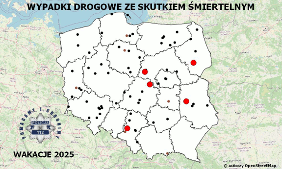 Policyjna mapa wypadków drogowych ze skutkiem śmiertelnym – Wakacje 2025
