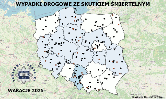 Policyjna mapa wypadków drogowych ze skutkiem śmiertelnym – Wakacje 2025