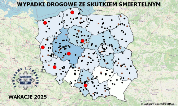 Policyjna mapa wypadków drogowych ze skutkiem śmiertelnym – Wakacje 2025