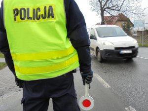 policjant stojący przy drodze z tarczą do zatrzymywania pojazdów