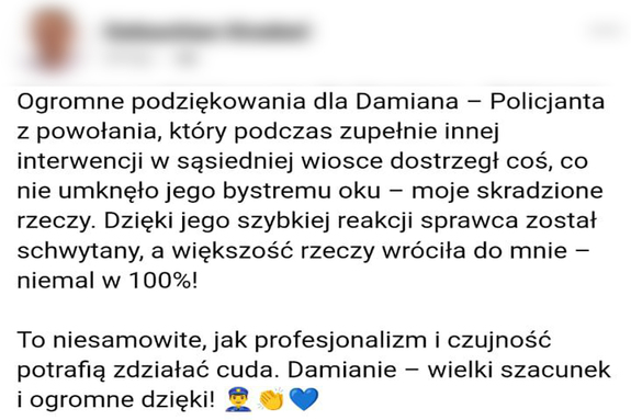 Podziękowania za profesjonalizm w służbie. Skradzione mienie wróciło do właściciela