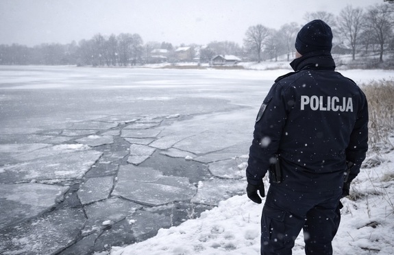 policjant na tle zamarzniętego jeziora